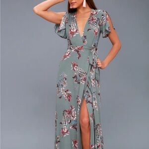 Lulu’s Fiorire Slate Blue Floral Print Wrap Maxi Dress Large